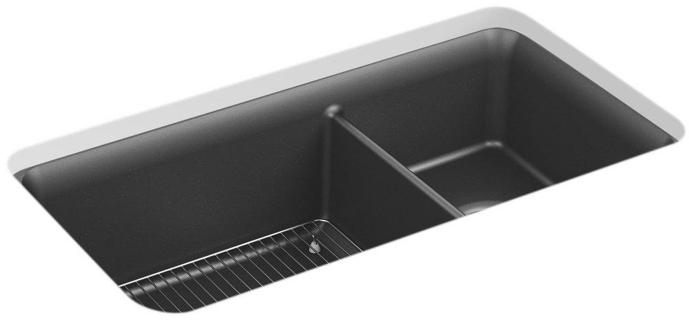 KOHLER Matte Graphite 33-1/2 x 18-5/16 in. No-Hole Composite Double Bowl Undermount Kitchen Sink 