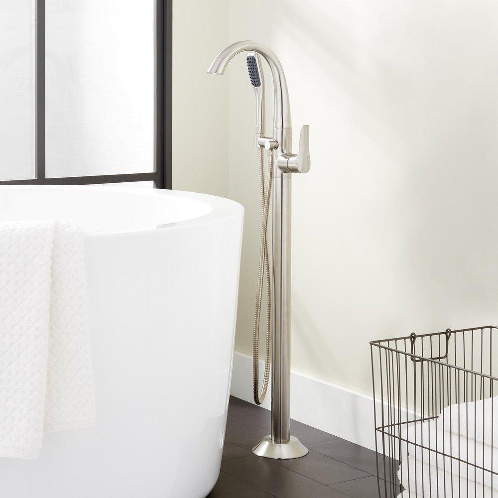 Signature Hardware Brushed Nickel 8.5 gpm Floor Mount Tub Filler with Single Lever Handle and 1.8 gpm Handshower 