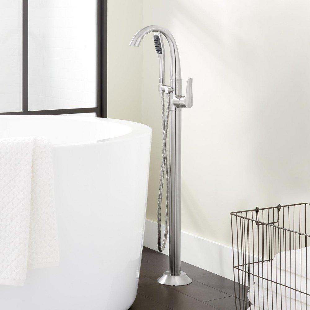 Signature Hardware Polished Chrome 8.5 gpm Floor Mount Tub Filler with Single Lever Handle and 1.8 gpm Handshower 