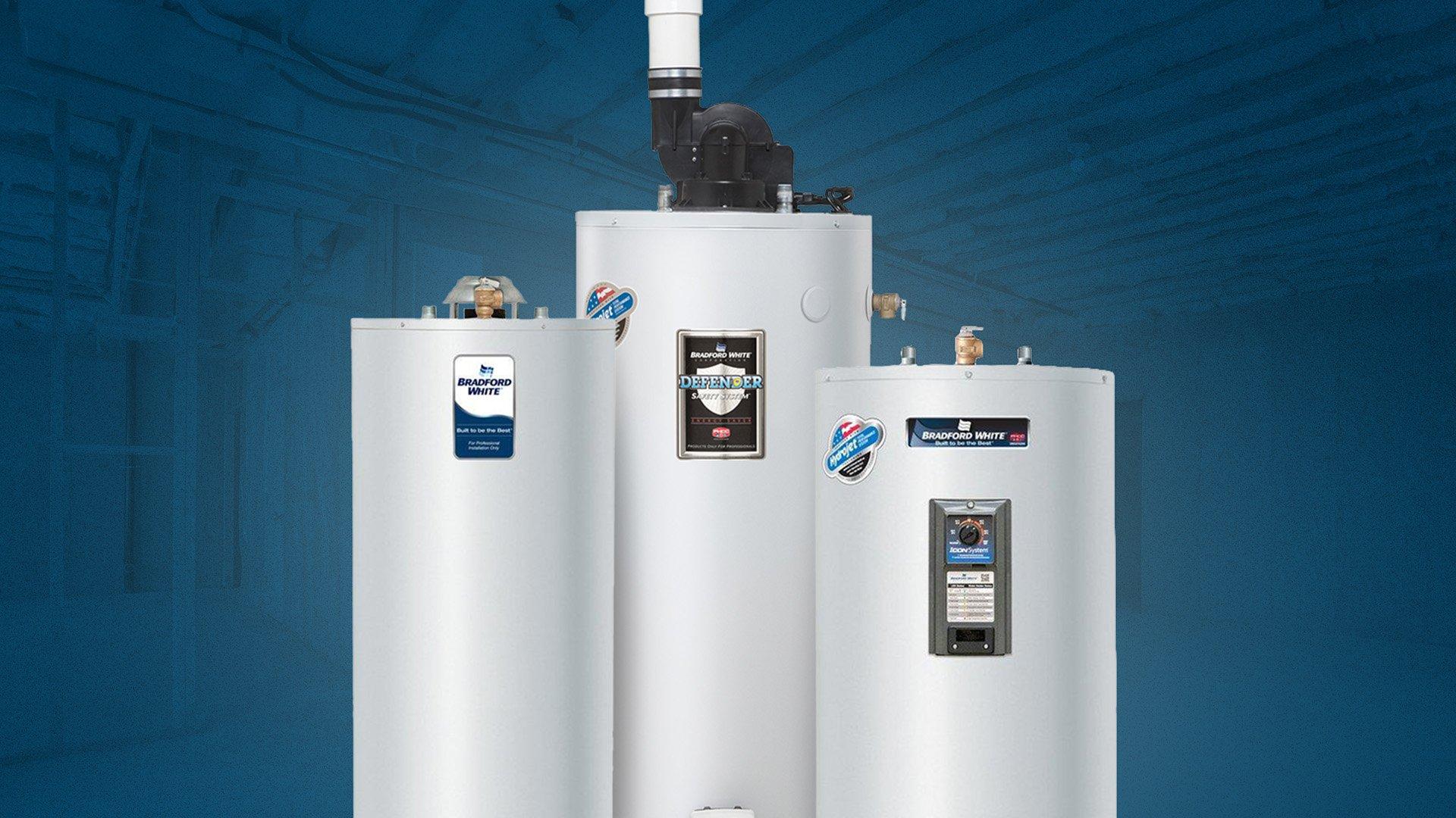 Image of Bradford White water heaters on a blue background