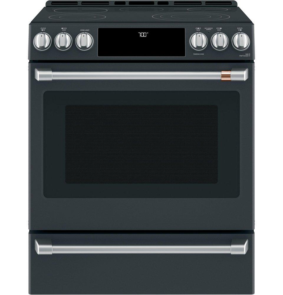 Cafe&trade; Matte White/Brushed Bronze 29-7/8 in. Electric 5-Burner Radiant Smoothtop Slide-in Range 