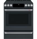 Cafe&trade; Matte White/Brushed Bronze 29-7/8 in. Electric 5-Burner Radiant Smoothtop Slide-in Range 