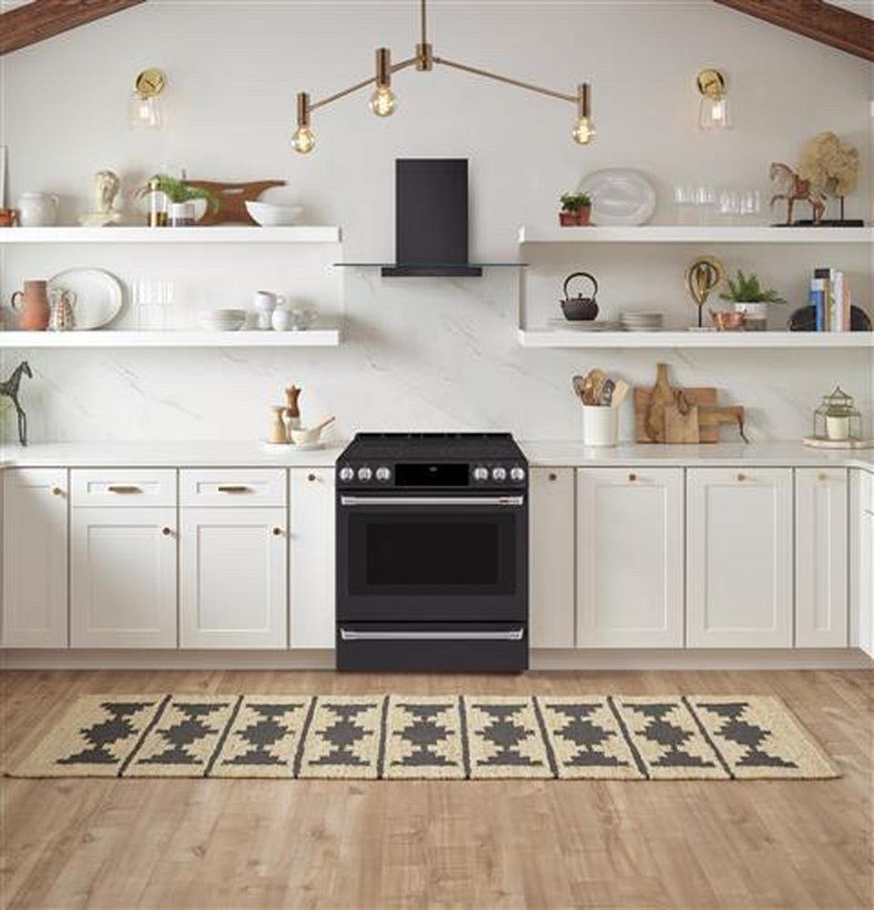 Cafe&trade; Matte White/Brushed Bronze 29-7/8 in. Electric 5-Burner Radiant Smoothtop Slide-in Range 
