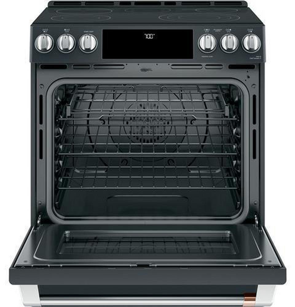 Cafe&trade; Matte White/Brushed Bronze 29-7/8 in. Electric 5-Burner Radiant Smoothtop Slide-in Range 
