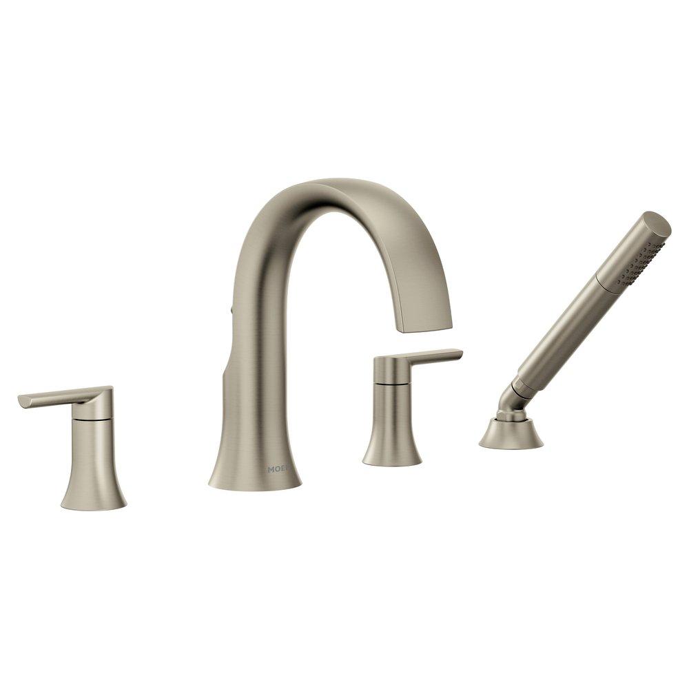 Moen Brushed Nickel Double Lever Handle 4 Hole Widespread High Arc Roman Tub Faucet Trim Only 