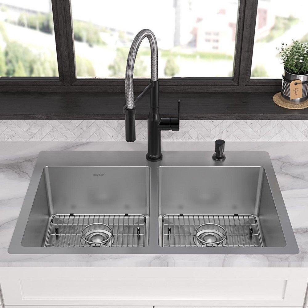 Elkay Polished Satin 33 x 22 in. 2-Hole Stainless Steel Double Bowl Dual Mount Kitchen Sink 