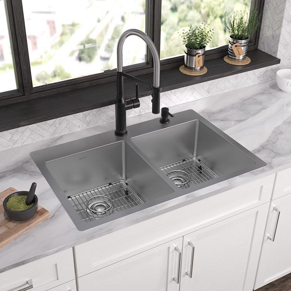 Elkay Polished Satin 33 x 22 in. 2-Hole Stainless Steel Double Bowl Dual Mount Kitchen Sink 