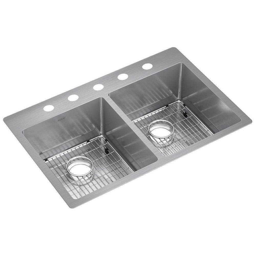 Elkay Polished Satin 33 x 22 in. 5-Hole Stainless Steel Double Bowl Dual Mount Kitchen Sink 