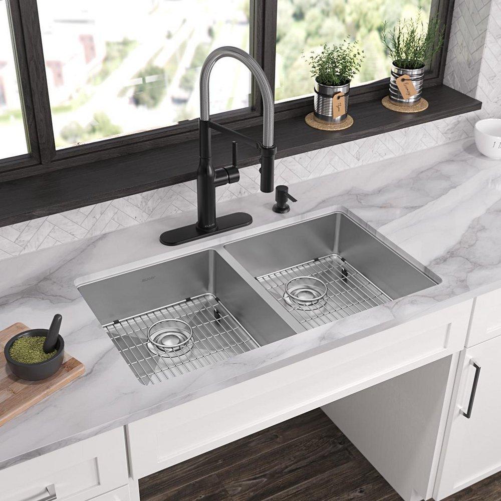 Elkay Polished Satin 33 x 22 in. 4 Hole Stainless Steel Double Bowl Dual Mount Kitchen Sink 