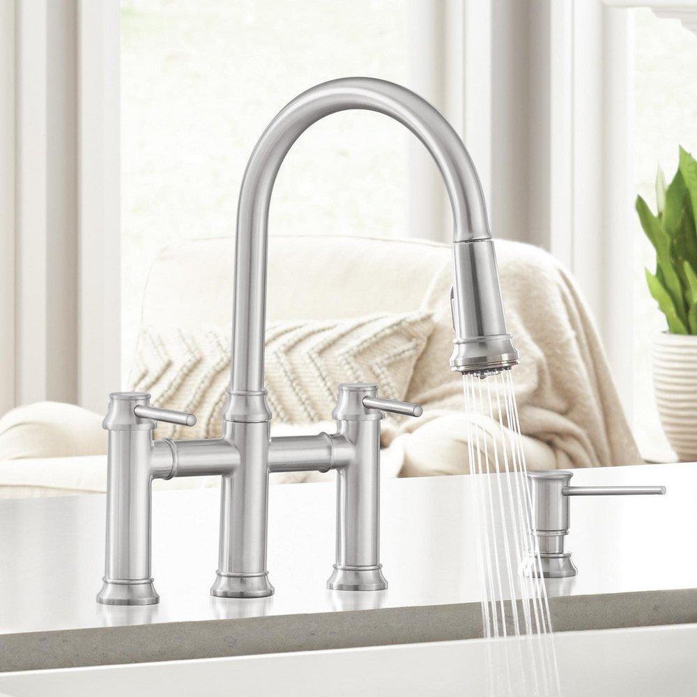 BLANCO PVD Steel Bridge Two Handle Pull Down Kitchen Faucet 