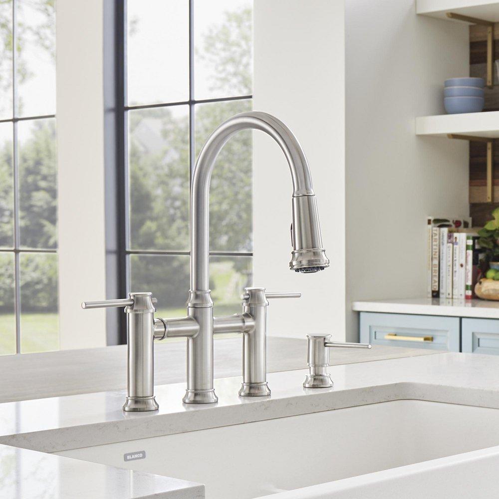 BLANCO PVD Steel Bridge Two Handle Pull Down Kitchen Faucet 