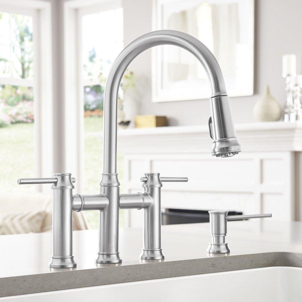 BLANCO PVD Steel Bridge Two Handle Pull Down Kitchen Faucet 