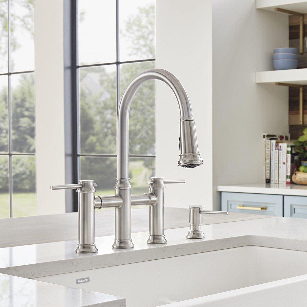 BLANCO PVD Steel Bridge Two Handle Pull Down Kitchen Faucet 