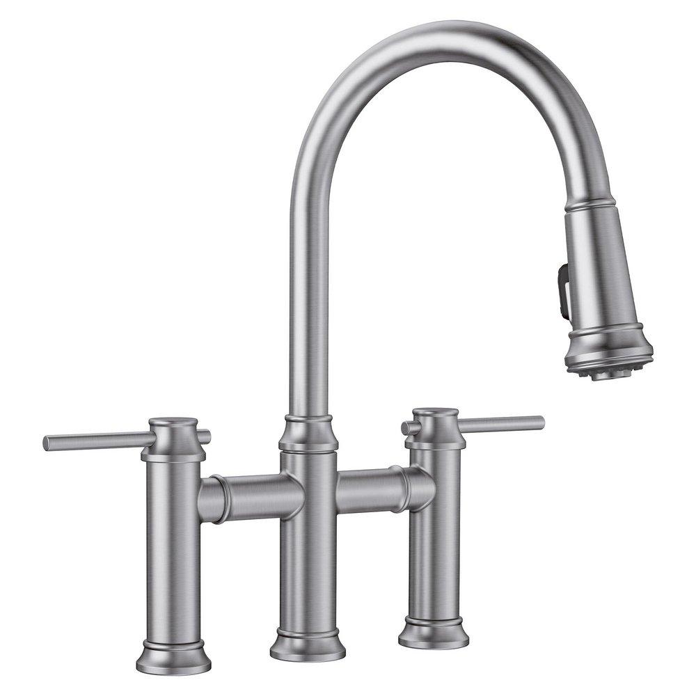 BLANCO PVD Steel Bridge Two Handle Pull Down Kitchen Faucet 