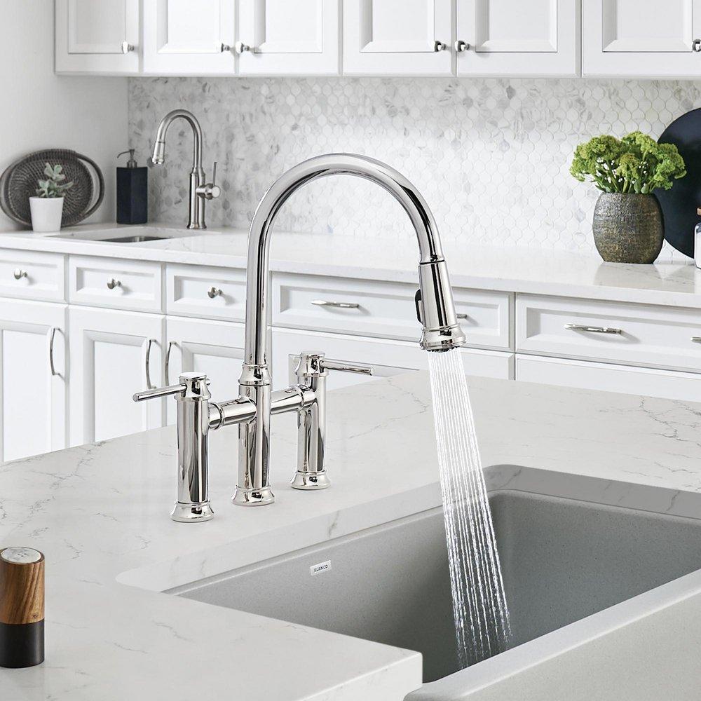 BLANCO Chrome Two Handle Bridge Pull Down Kitchen Faucet 