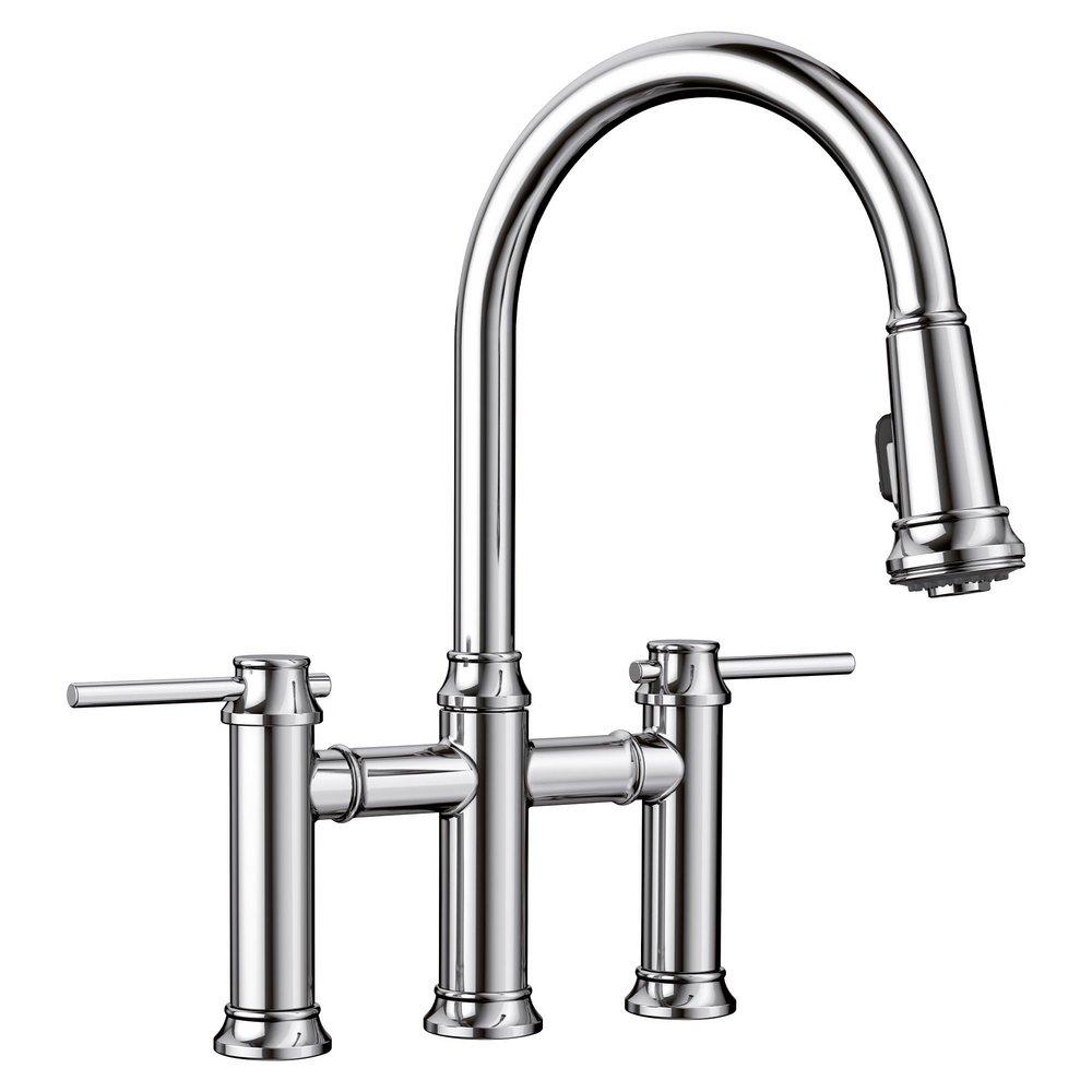 BLANCO Chrome Two Handle Bridge Pull Down Kitchen Faucet 