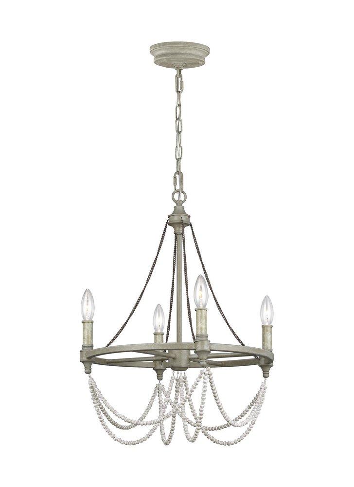Visual Comfort & Co. Studio French Washed Oak/Distressed White Wood 18 in. 60W 4-Light Candelabra E-12 Incandescent Chandelier 