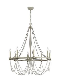 36 in. 60W 8-Light Candelabra E-12 Incandescent Chandelier in French Washed Oak with Distressed White Wood