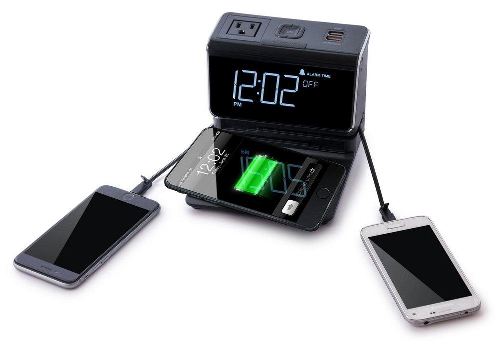 Black Multi-Function ABS Charging Station with Clock and Alarm Featuring Built-in Apple Lightning, Micro USB Connector Cables, 2X USB Ports and AC Power Socket in Black 