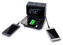 100/240V Multi-Function ABS Charging Station with Clock and Alarm Featuring Built-in Apple Lightning, Micro USB Connector Cables, 2X USB Ports and AC Power Socket in Black