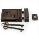 Brass Rim Lock Set with Brown Porcelain Knobs Right Hand in Oil Rubbed Bronze