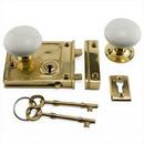 Brass Rim Lock Set with Porcelain Knobs Right Hand in Polished Brass