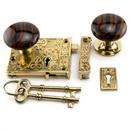 Brass Rim Lock Set with Striped Brown Porcelain Knobs Right Hand in Polished Brass