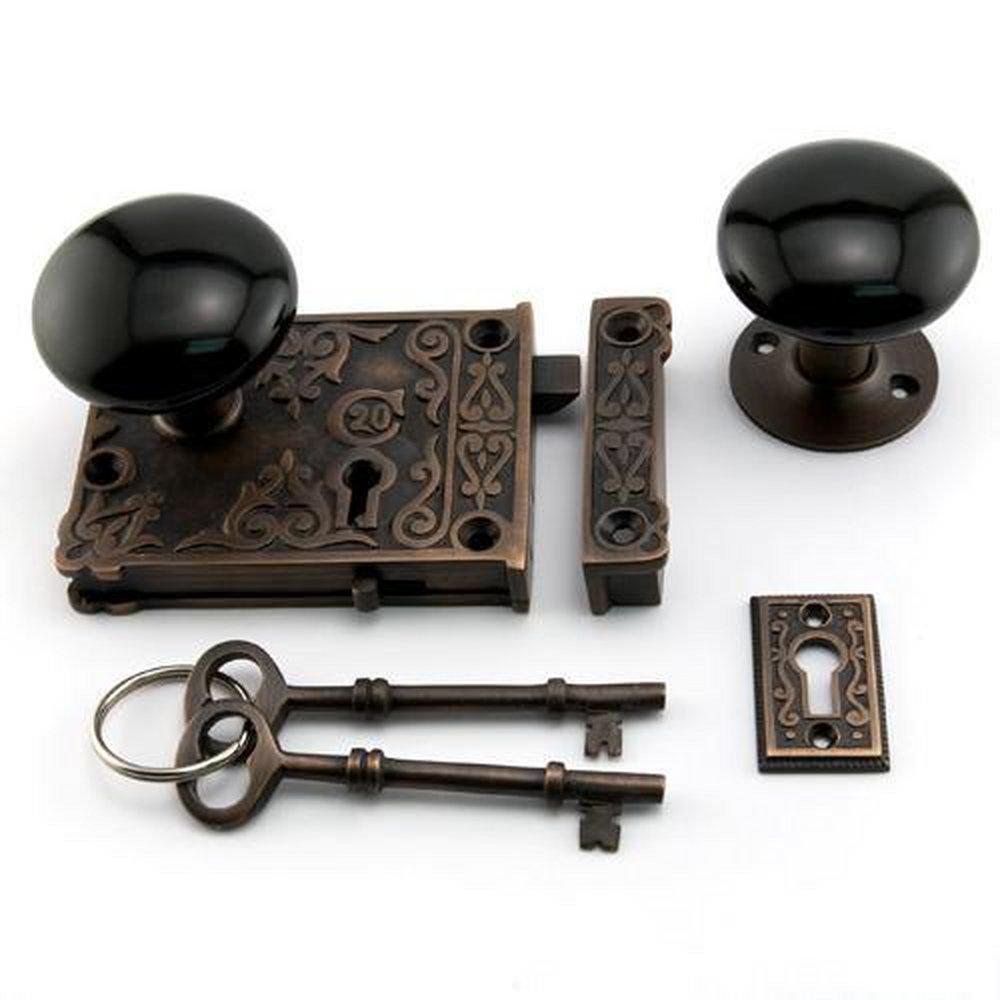 Signature Hardware Oil Rubbed Bronze Brass Rim Lock Set with Black Porcelain Knobs Right Hand 
