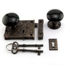 Brass Rim Lock Set with Black Porcelain Knobs Right Hand in Oil Rubbed Bronze