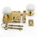 Brass Privacy Rim Lock Set with Right Hand Knob in White with Polished Brass