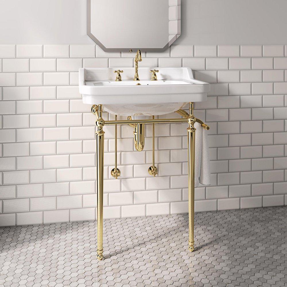 Signature Hardware Polished Brass Two Handle Widespread Bathroom Sink Faucet 