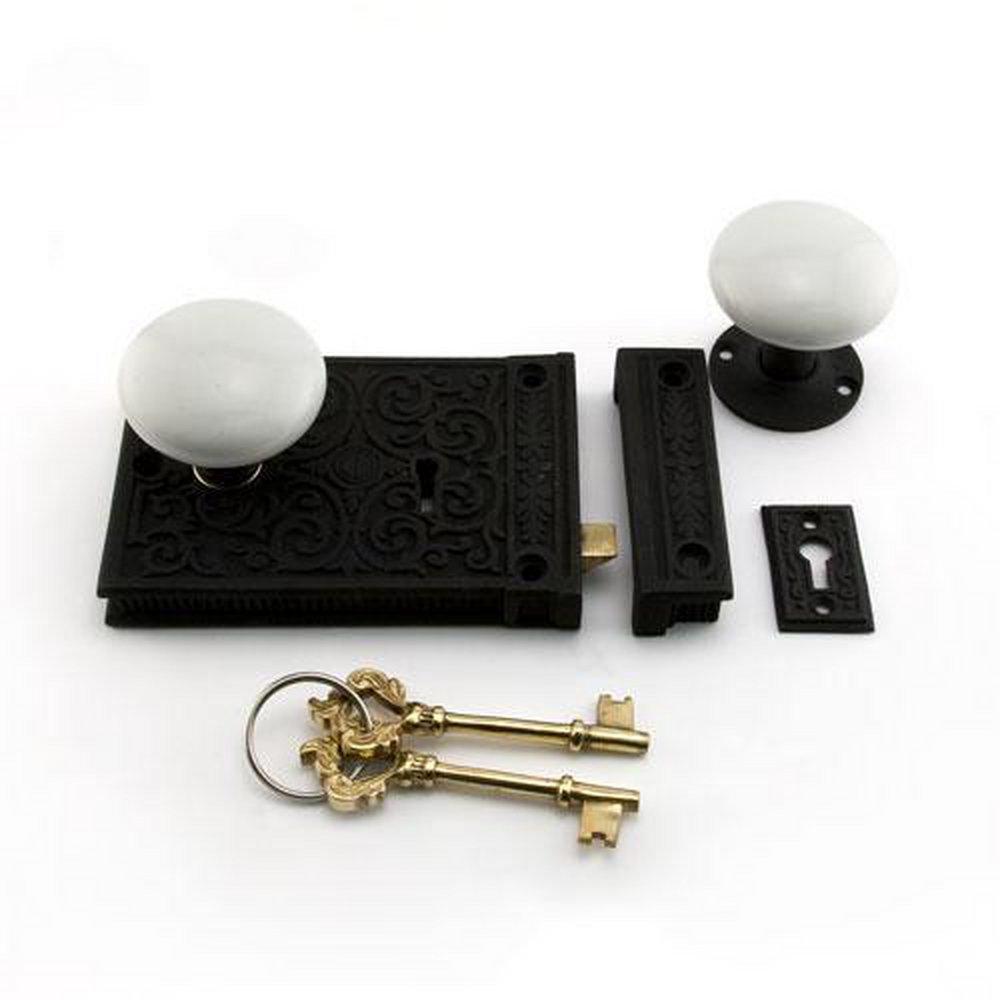 Signature Hardware Black Powder Coat Iron Rim Lock Set with White Porcelain Knobs Left Hand 