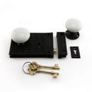 Signature Hardware Black Powder Coat Iron Rim Lock Set with White Porcelain Knobs Left Hand 