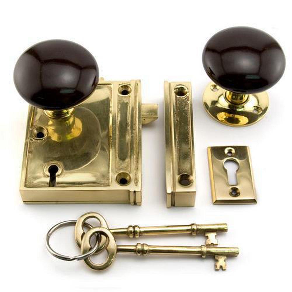 Signature Hardware Polished Brass Vertical Solid Brass Privacy Rim Lock Set with Left Hand Knob 