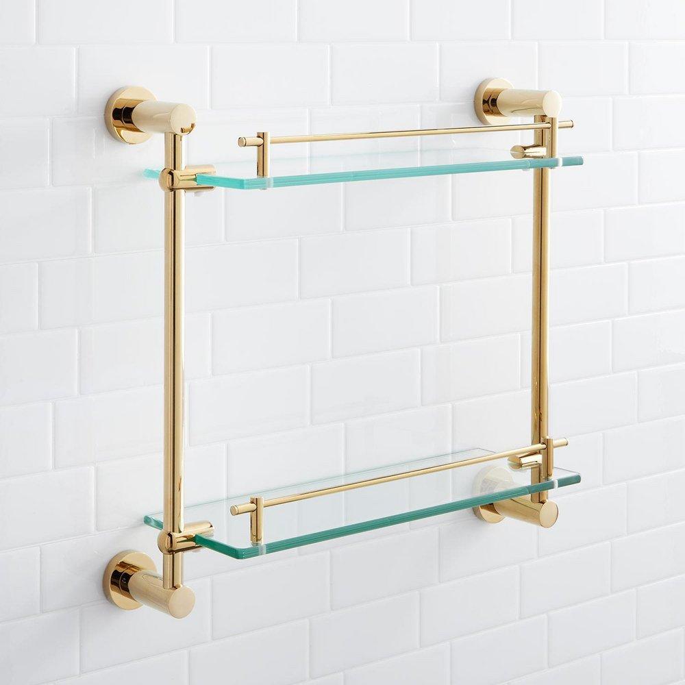 Signature Hardware Polished Brass 17 in. Glass Bathroom Shelf 