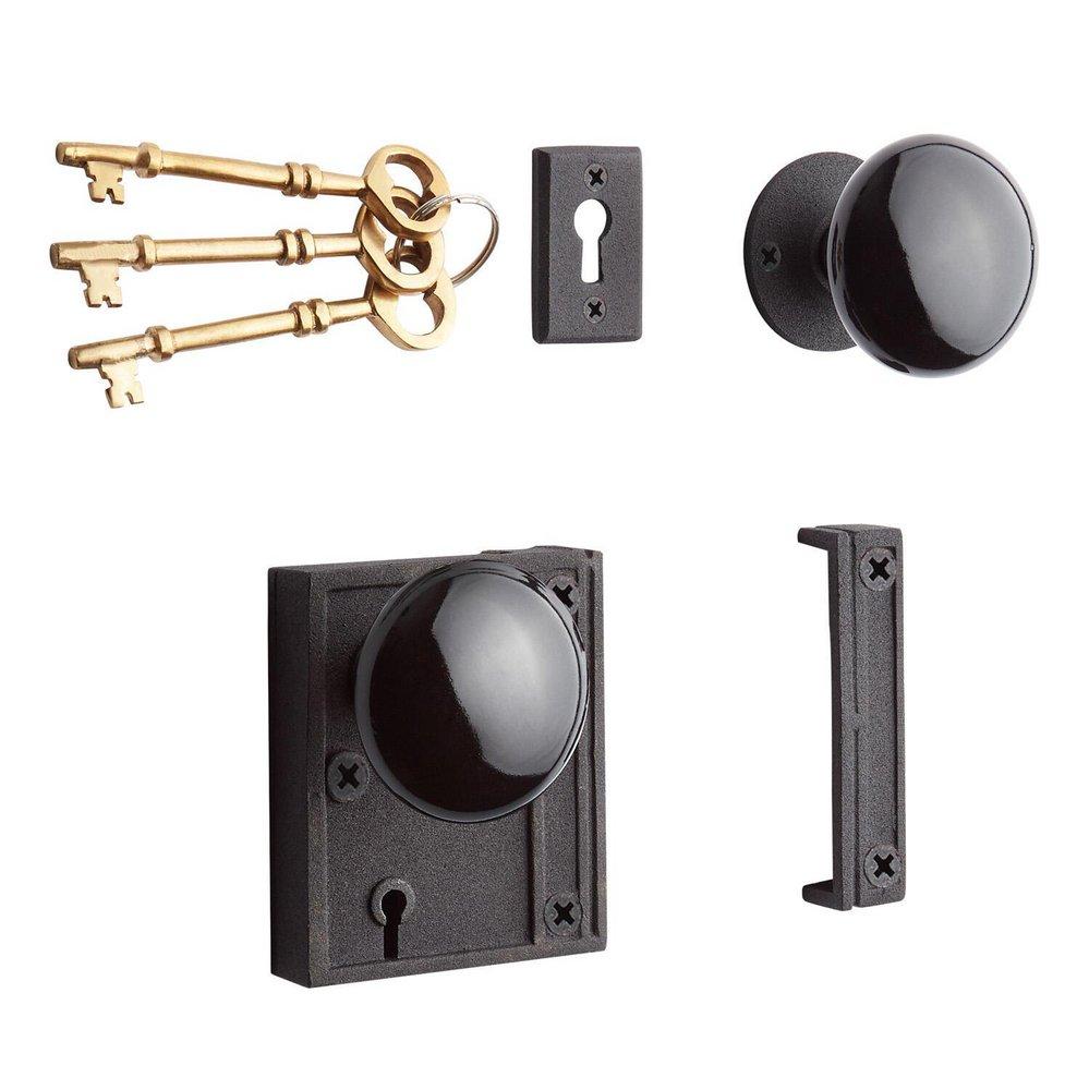 Signature Hardware Black Powder Coat Vertical Iron Privacy Rim Lock Set with Left Hand Knob 