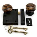 Vertical Iron Privacy Rim Lock Set with Left Hand Knob in Striped Brown with Black Powder Coat