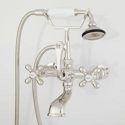 Three Handle Wall Mount Tub Filler with Hand Shower in Polished Nickel