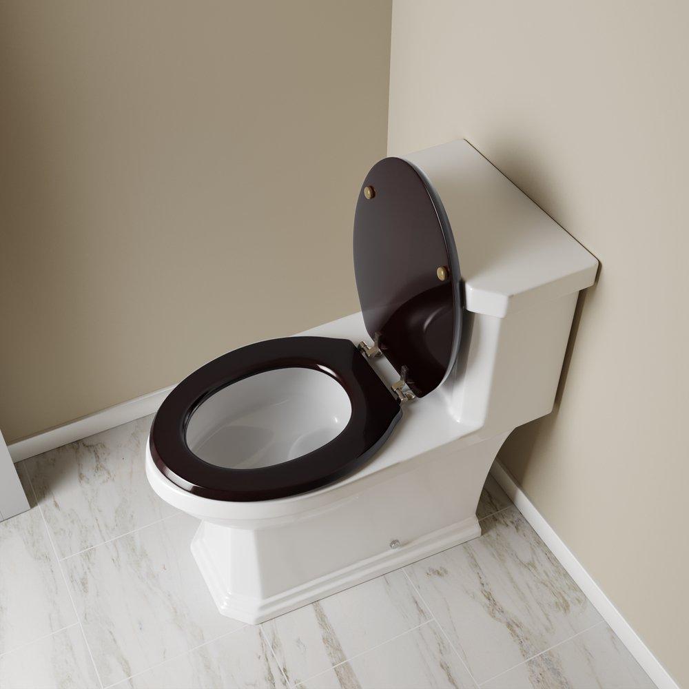 Designer Wood Seat with Piano Finish, Dark Brown Finish, Brushed Nickel Hinge, Elongated Closed Front with Cover 