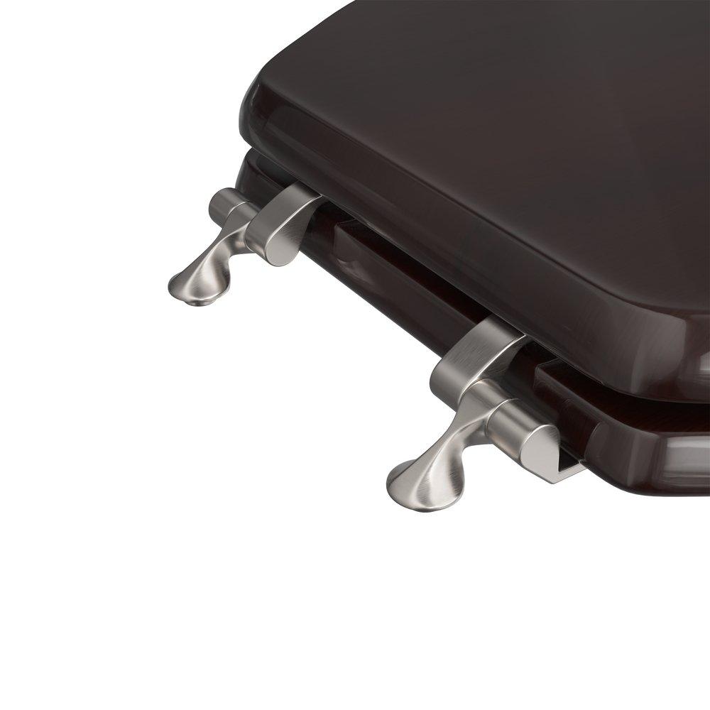 Designer Wood Seat with Piano Finish, Dark Brown Finish, Brushed Nickel Hinge, Elongated Closed Front with Cover 