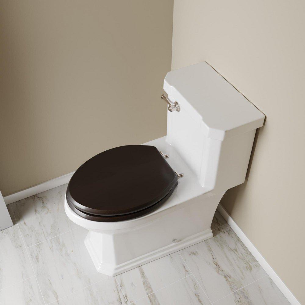 Designer Wood Seat with Piano Finish, Dark Brown Finish, Brushed Nickel Hinge, Elongated Closed Front with Cover 