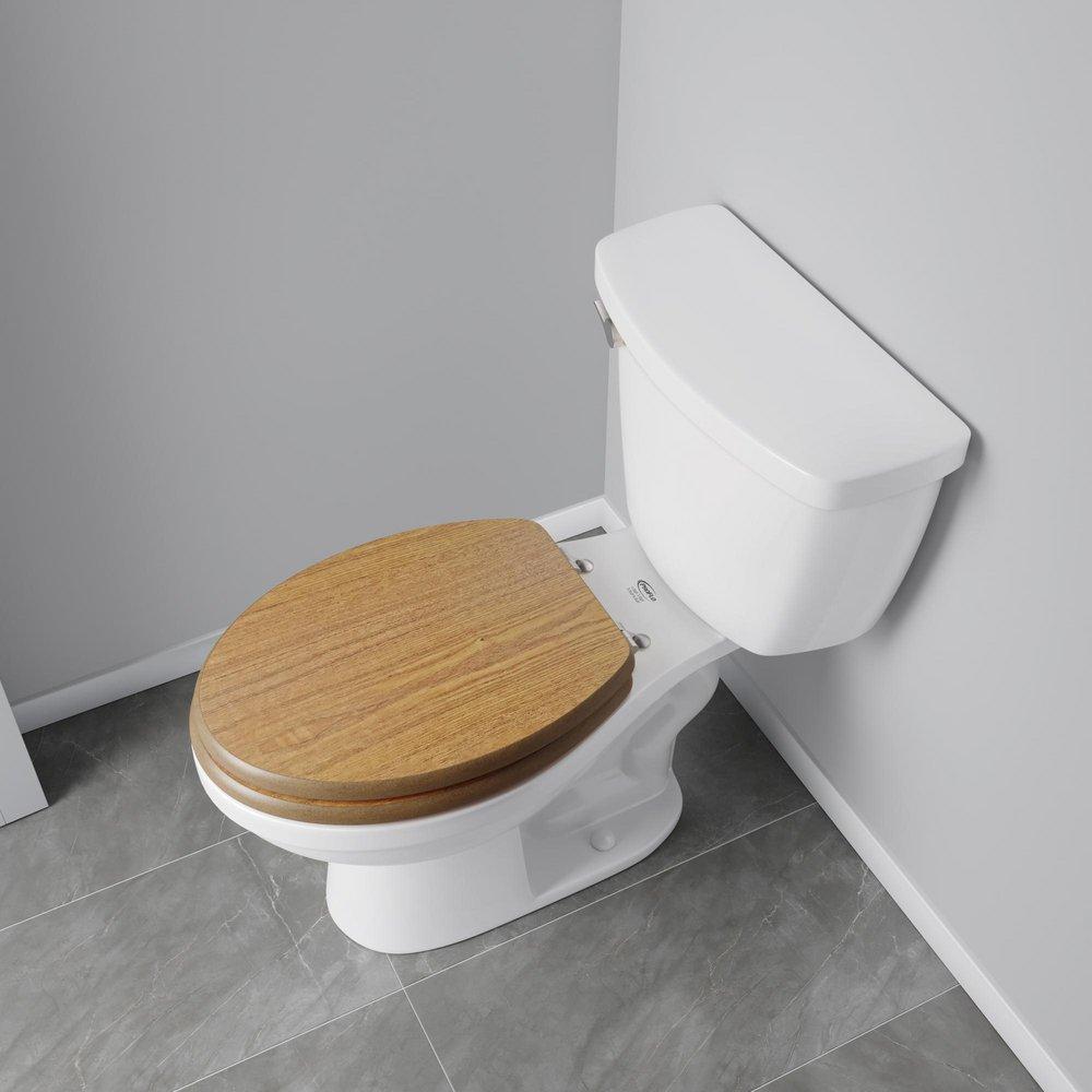 Elongated Wood Closed Front Toilet Seat in Natural Oak with Brushed Nickel Hinges 