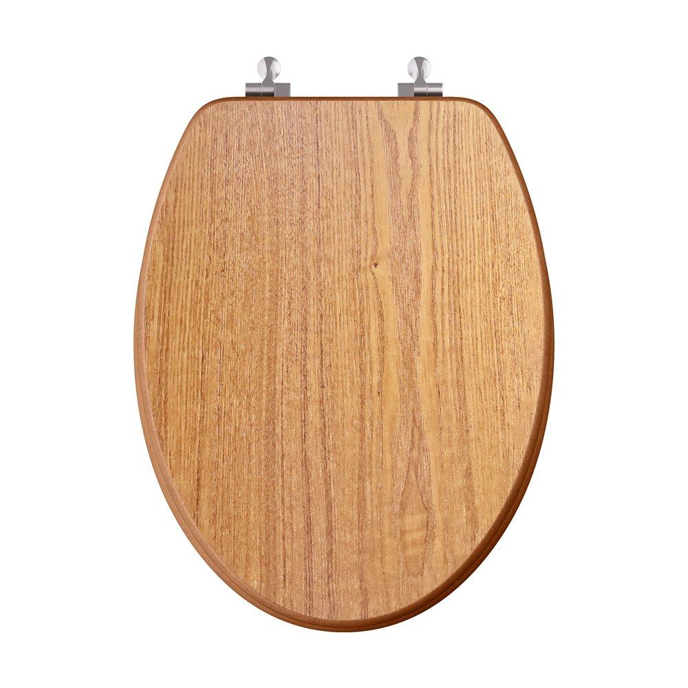 Elongated Wood Closed Front Toilet Seat in Natural Oak with Brushed Nickel Hinges 