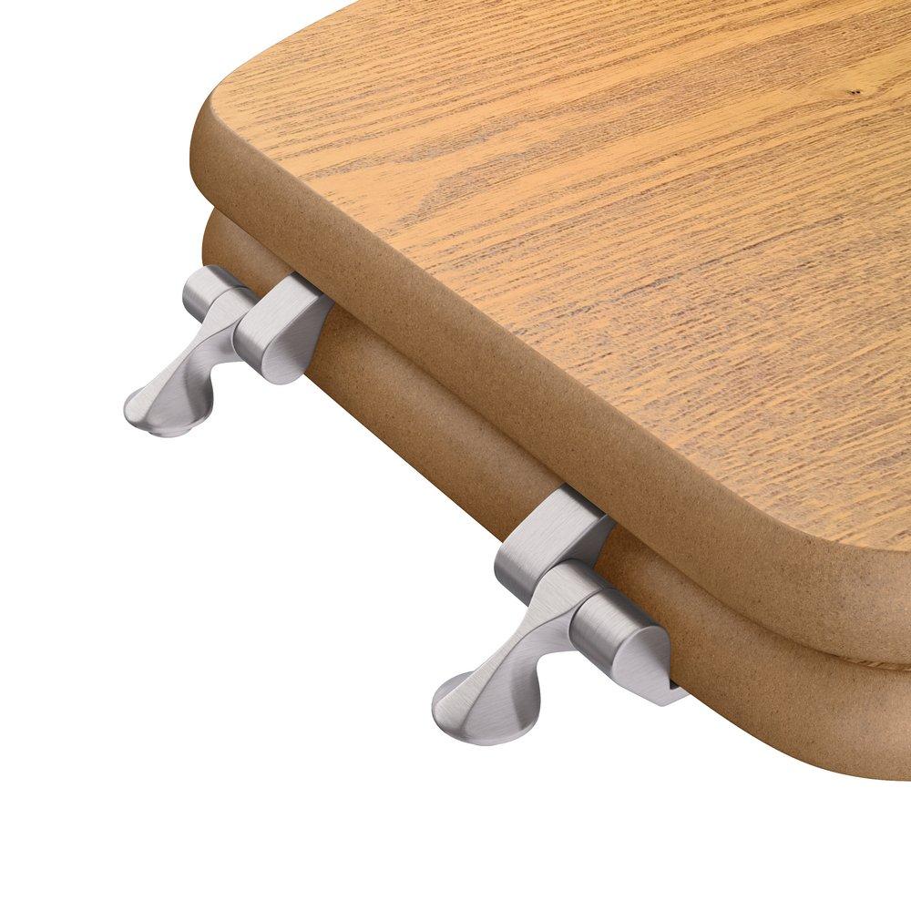 Elongated Wood Closed Front Toilet Seat in Natural Oak with Brushed Nickel Hinges 