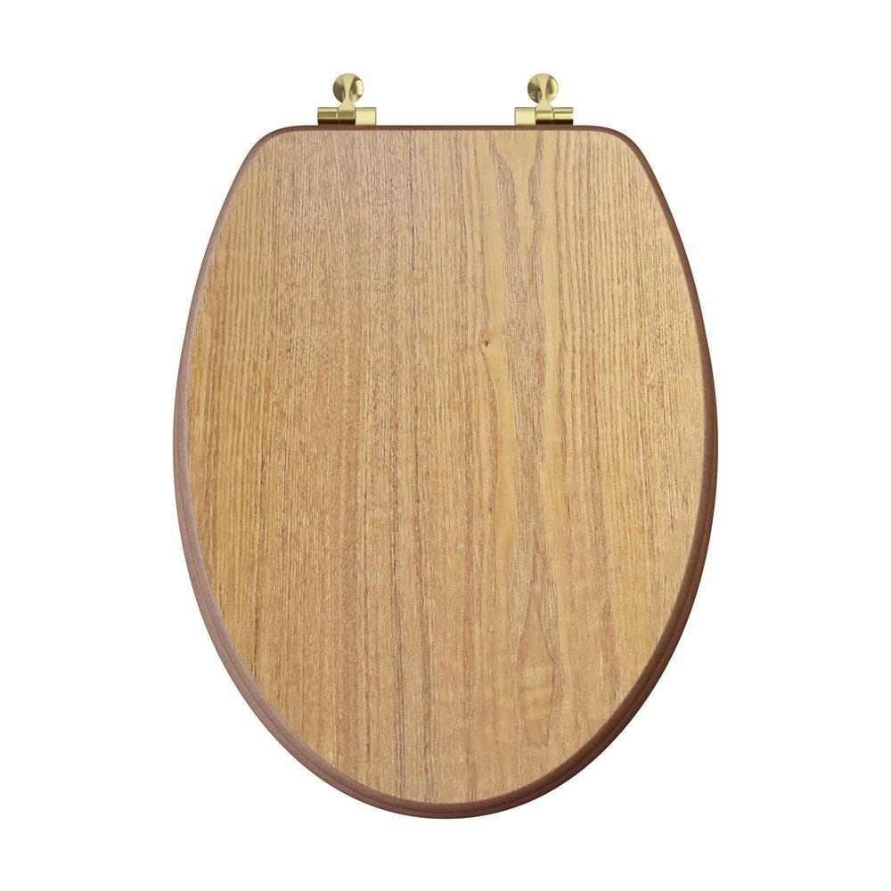 Elongated Wood Closed Front Toilet Seat in Natural Oak with Polished Brass Hinges 