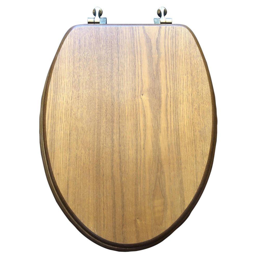 Elongated Wood Closed Front Toilet Seat in Natural Oak with Polished Brass Hinges 