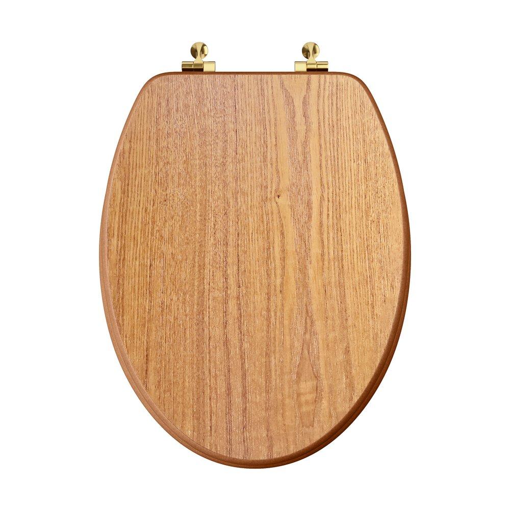 Elongated Wood Closed Front Toilet Seat in Natural Oak with Polished Brass Hinges 