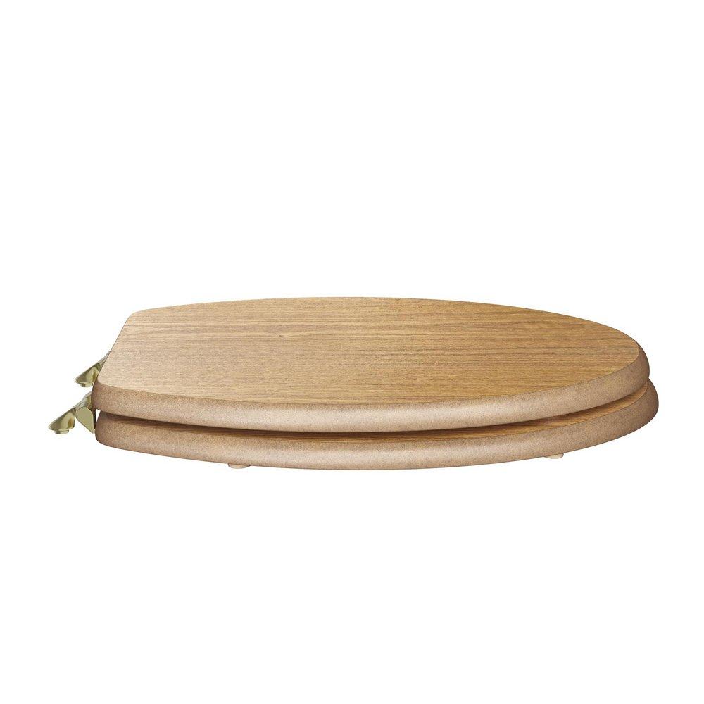 Elongated Wood Closed Front Toilet Seat in Natural Oak with Polished Brass Hinges 