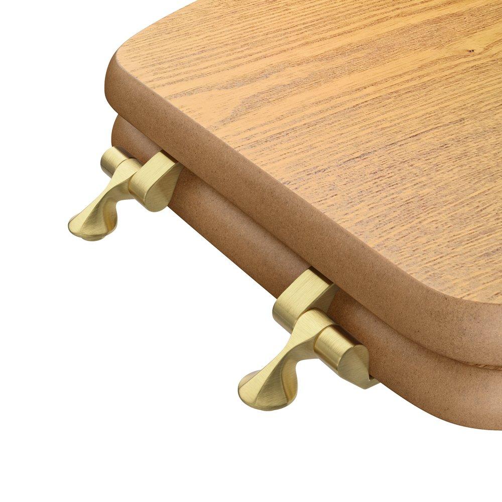 Elongated Wood Closed Front Toilet Seat in Natural Oak with Polished Brass Hinges 