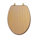 Elongated Wood Closed Front Toilet Seat in Natural Oak with Polished Brass Hinges 